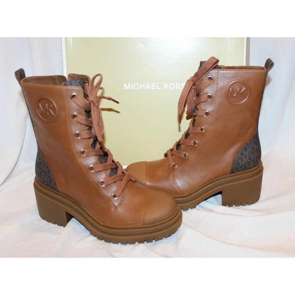 Michael Kors Women's Hanley Charm Lace Up Combat Bootie Luggage Brown NIB SZ 8.5